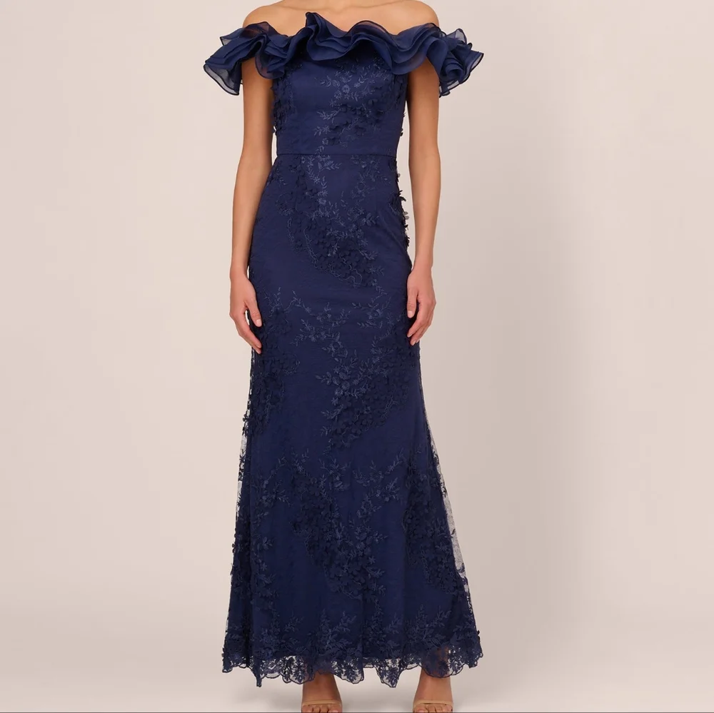 NWT Adrianna Papell Navy Blue Floral Ruffle Off The Shoulder Gown 4 - Picture 2 of 7